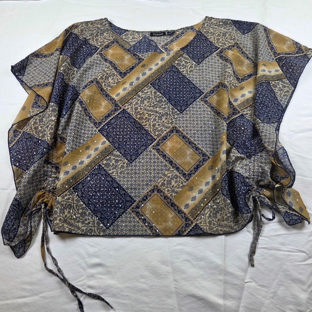 Mileage Blouse Blue Gold Patchwork Sequin Sheer Adjustable Side Tie Top 1X
